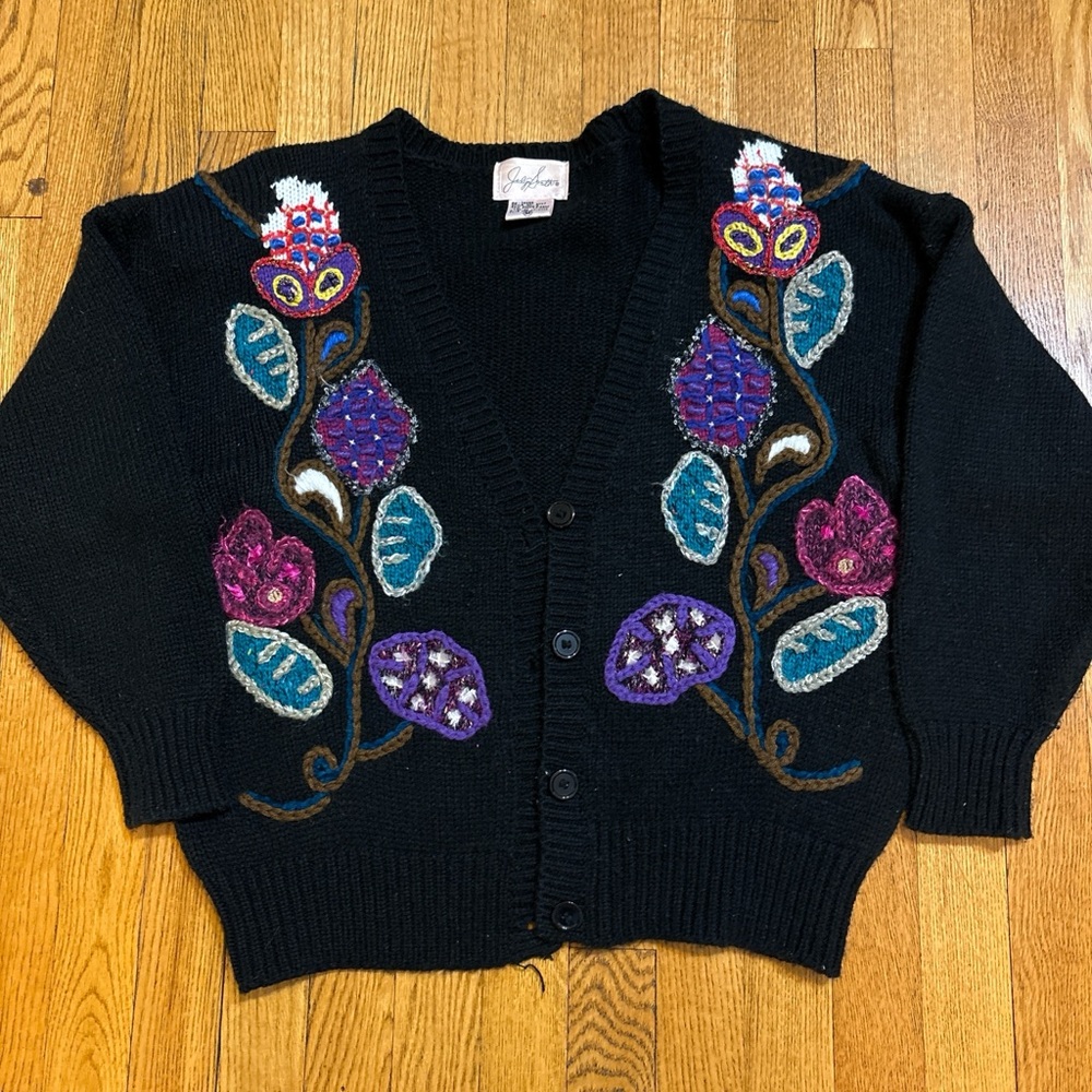 Jaclyn Smith Black Cardigan with Multicolor Floral Embroidery